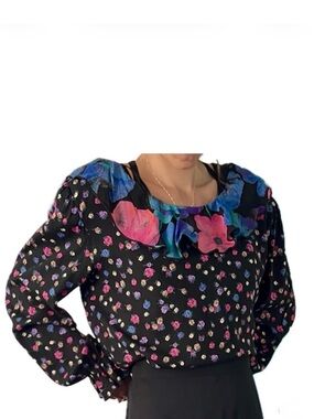 Vintage 90s Rare Suttles & Seawinds Multi Floral on Black• Ruffle Collar Blouse